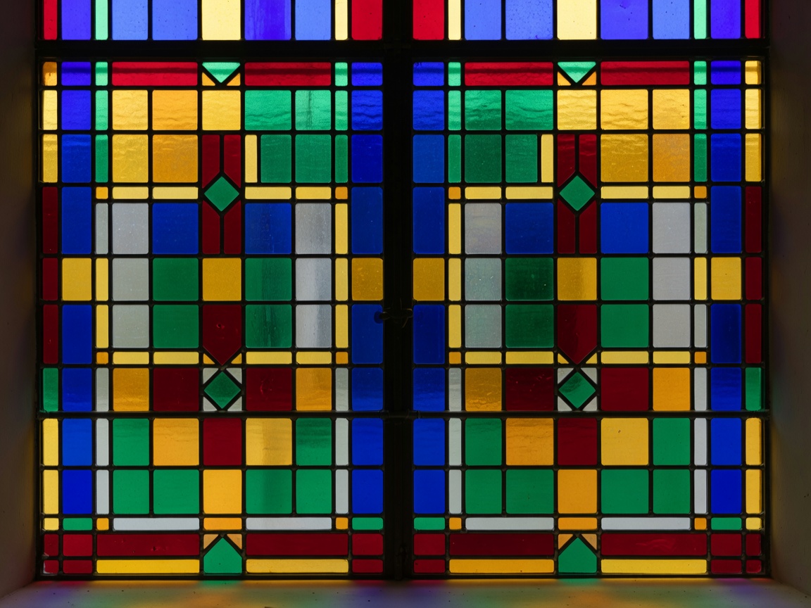 Colored architectural glass panes arranged in a geometric European window pattern