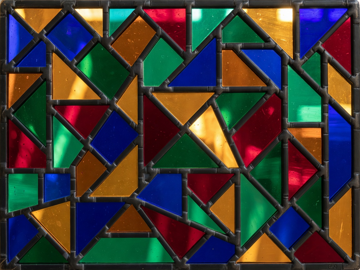Colored glass panel with interlocking geometric forms and lead-like divisions