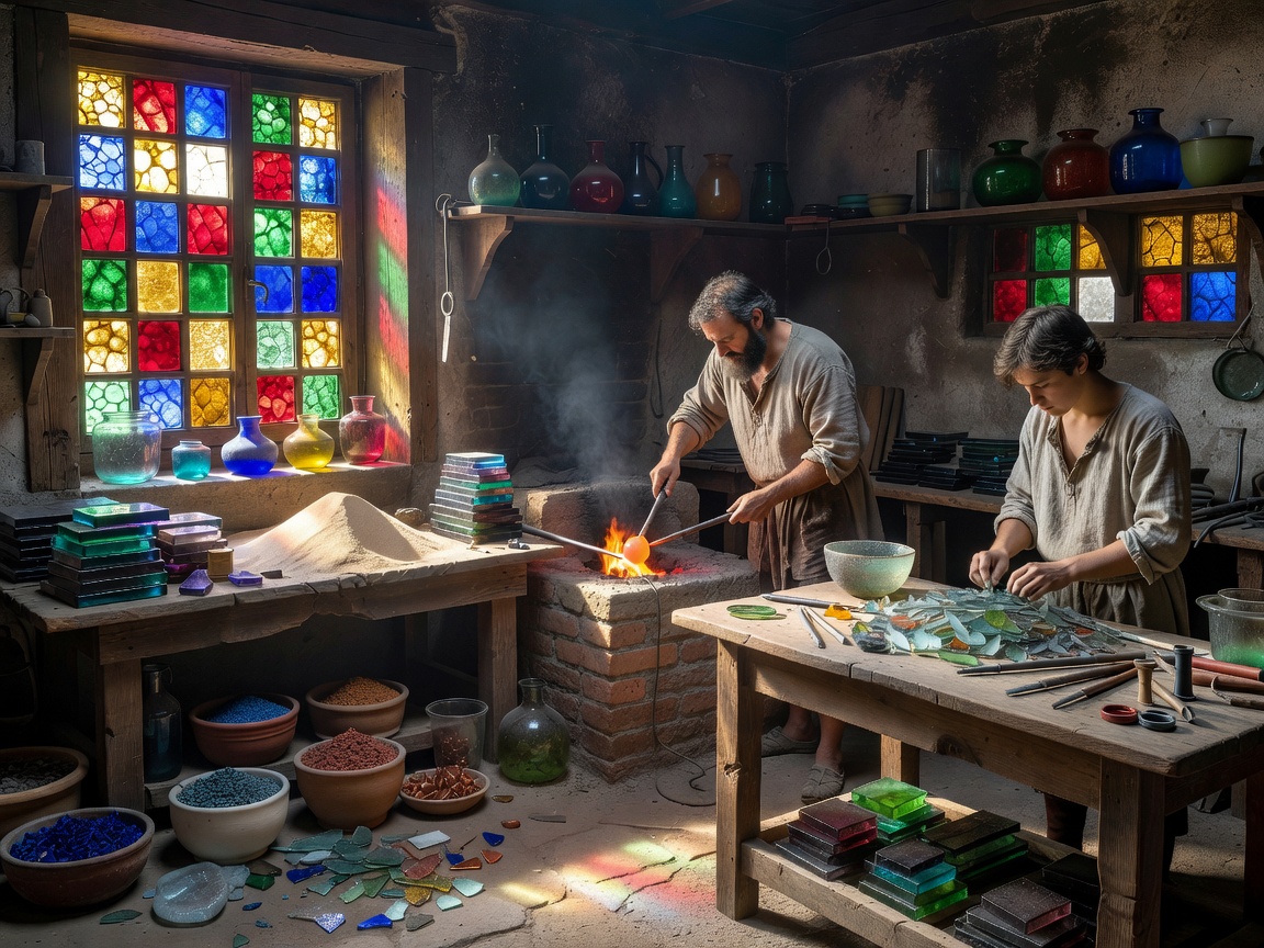 Colored glass panes and workshop materials suggesting regional exchange and varied glass traditions