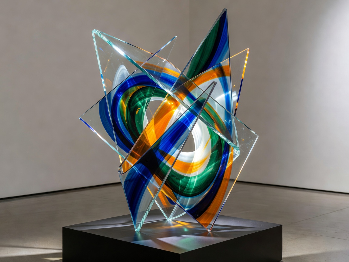 Contemporary glass artwork combining transparent planes, color and sculptural form