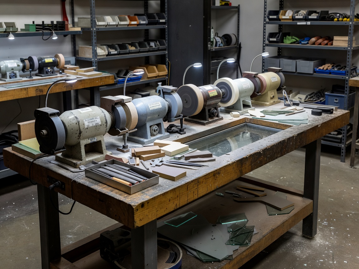 Glass coldworking bench with grinding and polishing equipment arranged for studio work