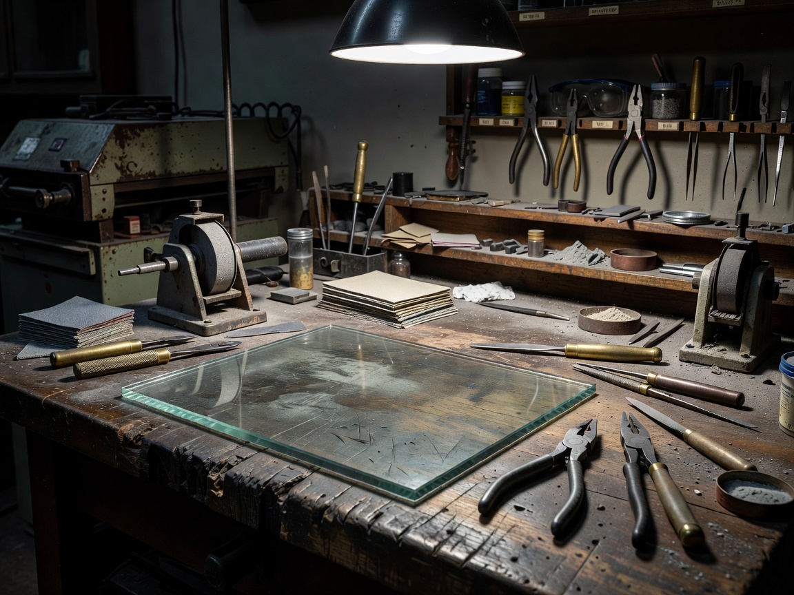 Glass sheet and coldworking tools on a specialist workshop bench