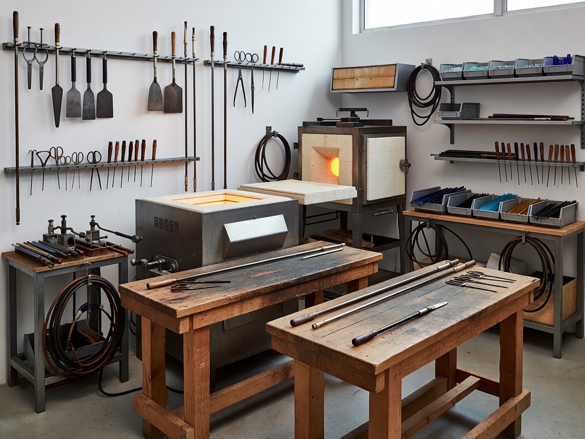 Glass studio work area with a kiln, benches and organised equipment