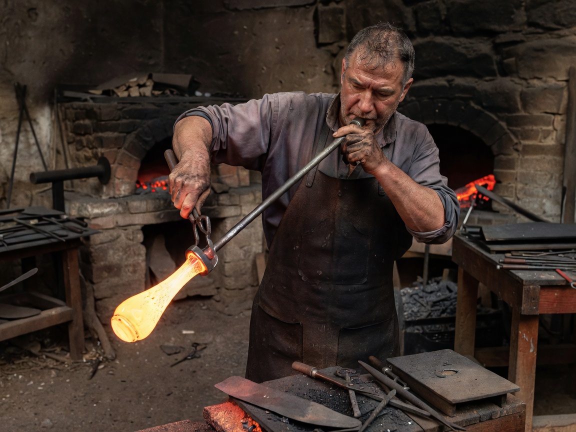 Glassblower shaping a heated gather with a long blowing pipe