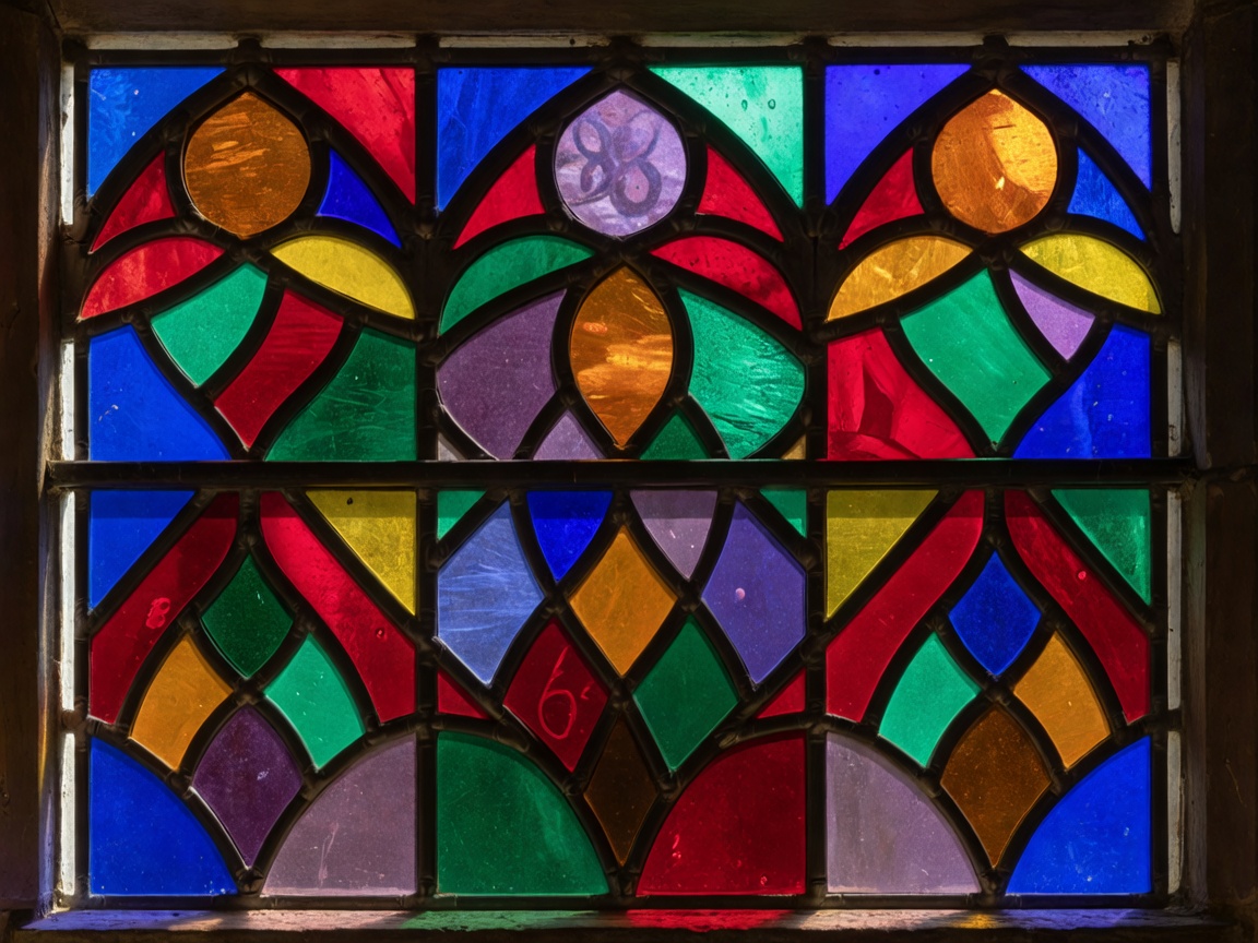 Historic-style stained glass with colored pieces separated by dark lead lines