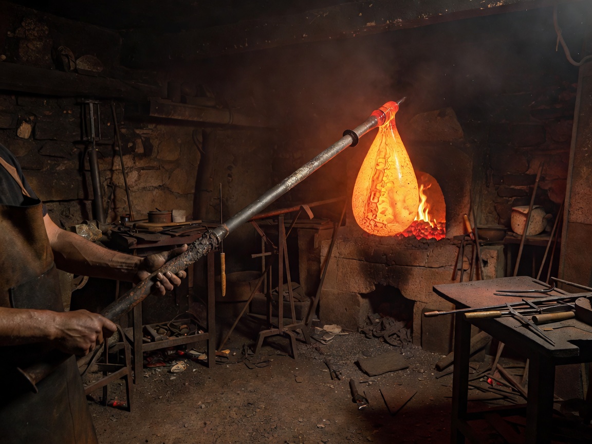 Molten glass gather glowing at the end of a glassblowing pipe in a workshop